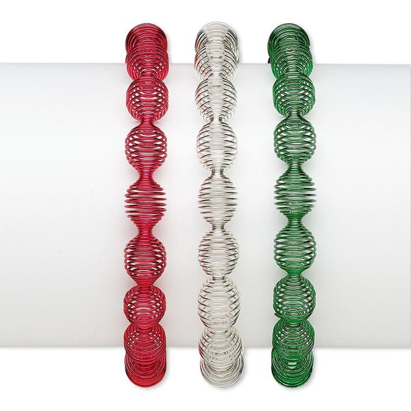 Bracelet, stretch, steel and silver-plated steel, red and green, 10mm wide with rondelle design, 6-1/2 inches. Sold per pkg of 3. image number 0