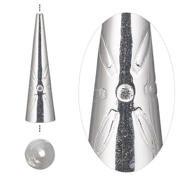 Cone, sterling silver, 25.5x7mm with flower design, 6.5mm inside diameter. Sold per pkg of 2. image number 0