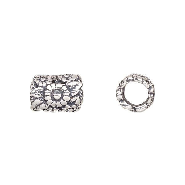 Bead, antiqued sterling silver, 12x9mm floral tube. Sold individually. image number 0