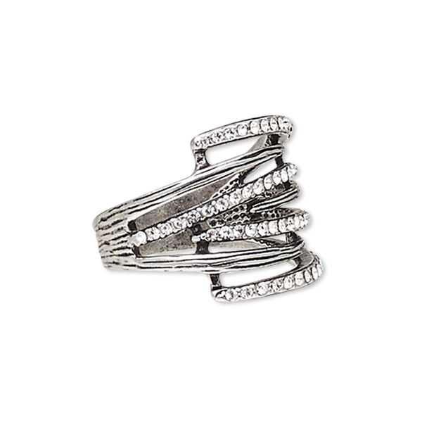 Ring, Austrian crystal and antique silver-plated "pewter" (zinc-based alloy), clear, 19mm wide with lines, size 8. Sold individually. image number 0