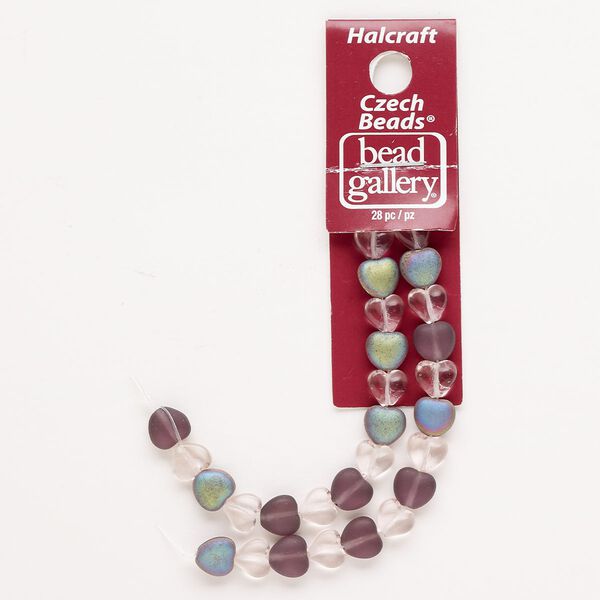 Bead, glass, translucent light pink / opaque matte purple / opaque matte rainbow purple, 8mm puffed heart. Sold per pkg of 28. image number 0