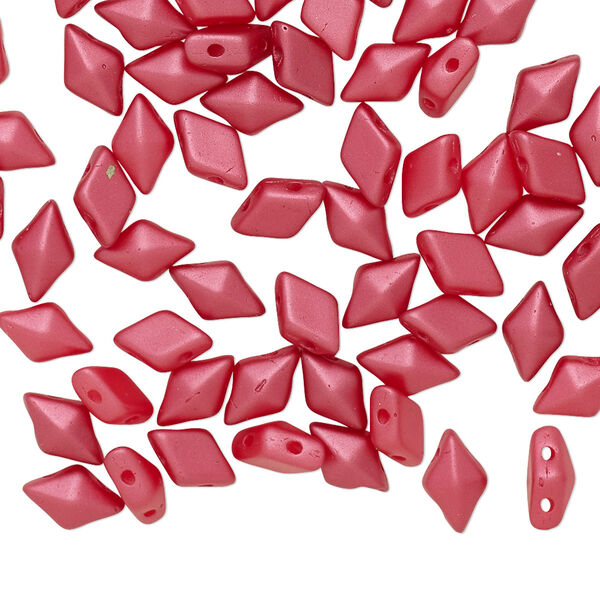 Bead, DiamonDuo™, Czech pressed glass, opaque pastel dark coral red, 8x5mm faceted diamond with flat back and (2) 0.7-0.8mm holes. Sold per 10-gram pkg, approximately 70 beads. image number 0