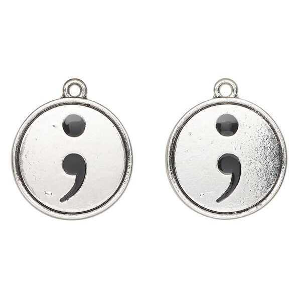 Charm, antique silver-finished enamel "pewter" (zinc-based alloy), black, 21mm round with semi-colon. Sold per pkg of 2. image number 0