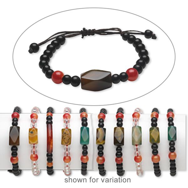 Bracelet mix, agate (natural / dyed / man-made) and glass, mixed colors, round / curved tube / faceted rectangle, adjustable 5-8 inches with macramé knot closure. Sold per pkg of 5. image number 0