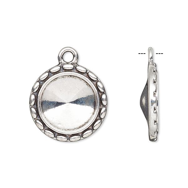 Drop, Almost Instant Jewelry®, antique silver-finished "pewter" (zinc-based alloy), 17mm round with scalloped design and 12mm rivoli setting. Sold per pkg of 6. image number 0