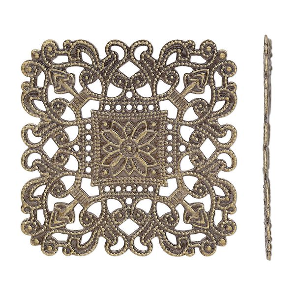 Focal, antique brass-finished brass, 40x40mm filigree square. Sold per pkg of 4. image number 0