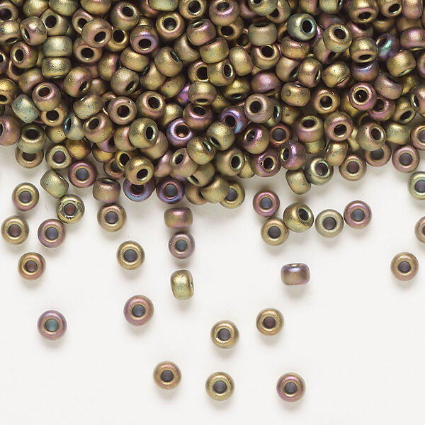 Seed bead, Miyuki, glass, pkg/50g, #8 rocaille, opaque matte metallic iris khaki patina (RR-2069). image number 0