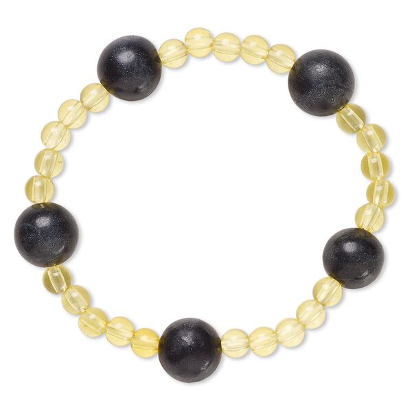 Bracelet, stretch, blackstone (dyed) and acrylic, yellow, 5mm and 12-13mm round, 6-1/2 inches. Sold individually. image number 0