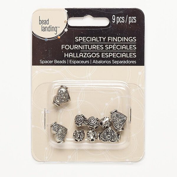 Bead, antiqued silver-finished "pewter" (zinc-based alloy), 9x8mm puffed diamond with swirl design and 14x10mm beaded puffed heart with 2.5mm hole. Sold per pkg of 9. image number 0