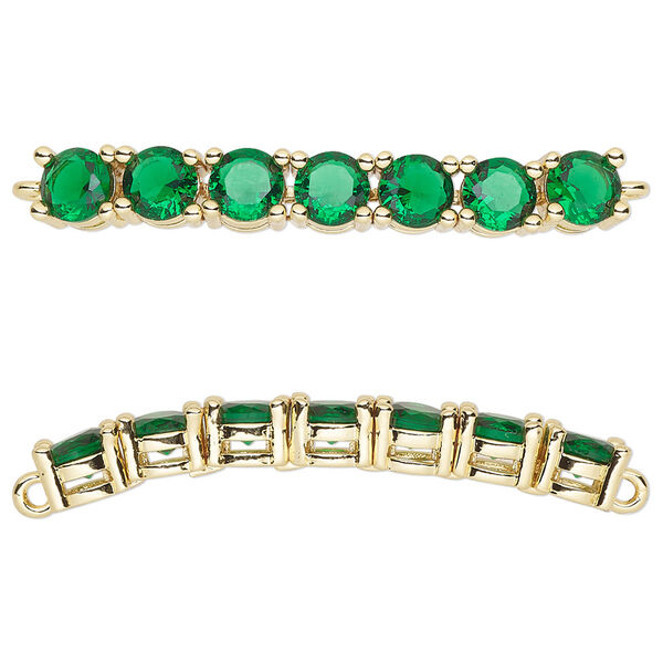 Focal, cubic zirconia and gold-plated brass, emerald, 40x5mm curved rectangle. Sold individually. image number 0