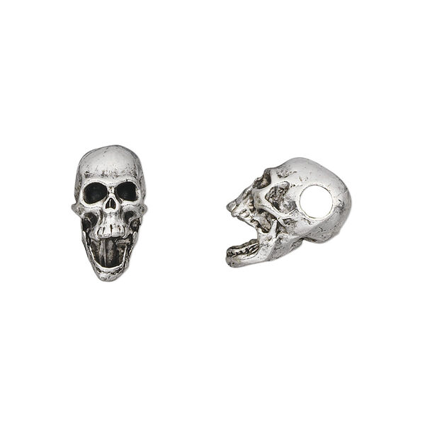 Bead, pewter (tin-based alloy), pkg/1, antique silver plate, 14x10mm skull. image number 0