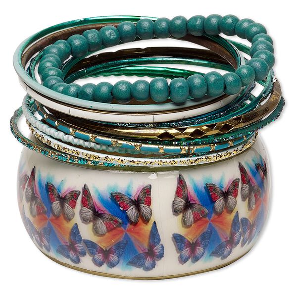 Bracelet, bangle and stretch, resin / enamel / painted wood / gold-finished steel / aluminum / brass, assorted colors with glitter, 2.5-37mm wide, 7-8 inches. Sold per 12-piece set. image number 0