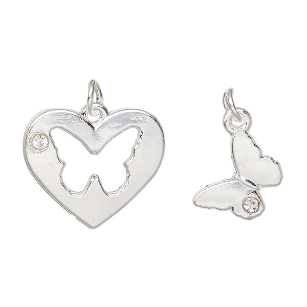 Charm, silver-finished "pewter" (zinc-based alloy) and glass, clear, 20x18mm heart with butterfly cutout design and 13mm single-sided butterfly. Sold per pkg of (2) 2-piece sets. image number 0