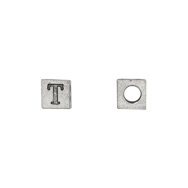 Bead, antiqued pewter (tin-based alloy), 7mm cube with Greek letter, TAU. Sold per pkg of 4. image number 0