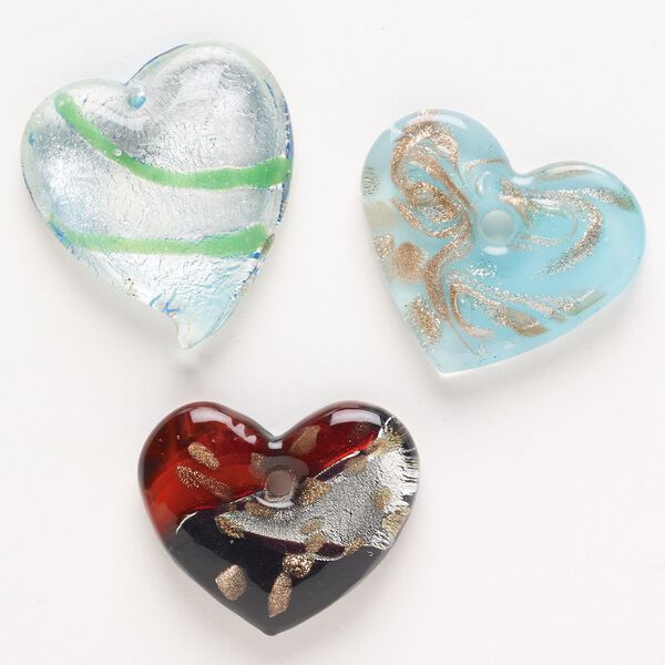 Random focal mix, lampworked glass, pkg/3, opaque and translucent mixed colors with silver-colored foil and copper-colored glitter, 33x30mm-49x37mm top-drilled flat and puffed heart. image number 0