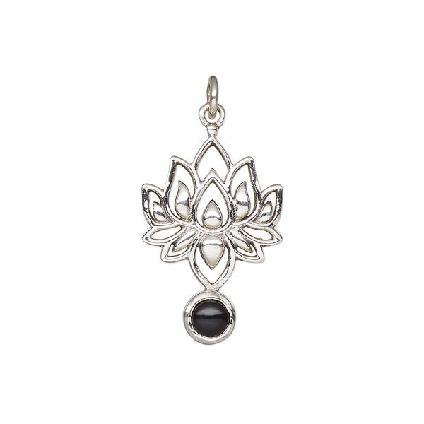 Black onyx / sterling silver 1pkg1, antiqued lotus drop 22.5x14.5mm image number 0