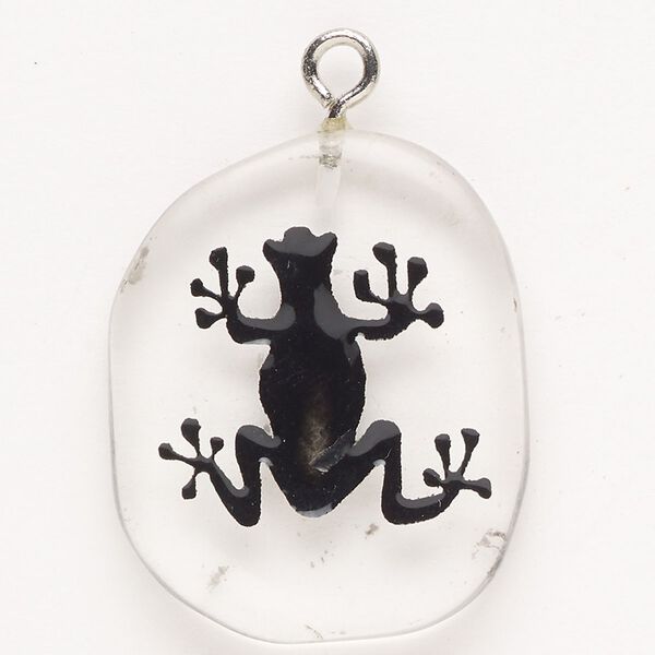 Focal, steel/glass/enamel, pkg/1, silver finish/clear/black, 30x24mm-39x27mm single-sided puffed freeform with frog. image number 0