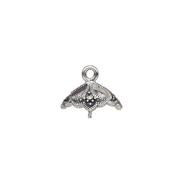 Cup, marcasite (natural) and antiqued sterling silver, 13x12.5mm fancy square with teardrop cutouts and 0.8mm twisted peg, fits 12-14mm bead. Sold individually. image number 0