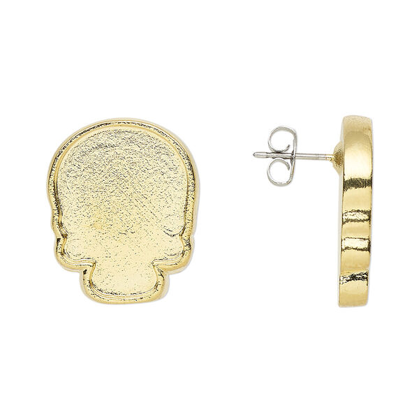 Earstud, Almost Instant Jewelry®, gold-plated "pewter" (zinc-based alloy), 20x16mm skull with 18x14mm flat back skull glue-in setting. Sold per pair. image number 0