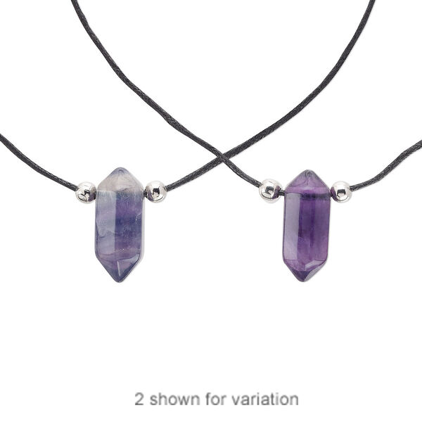 Purple fluorite / steel / waxed cotton 1pkg1, double point necklace natural 16 inch / 2.5 inch extender chain / lobster claw clasp 28x13mm-33x15mm image number 0