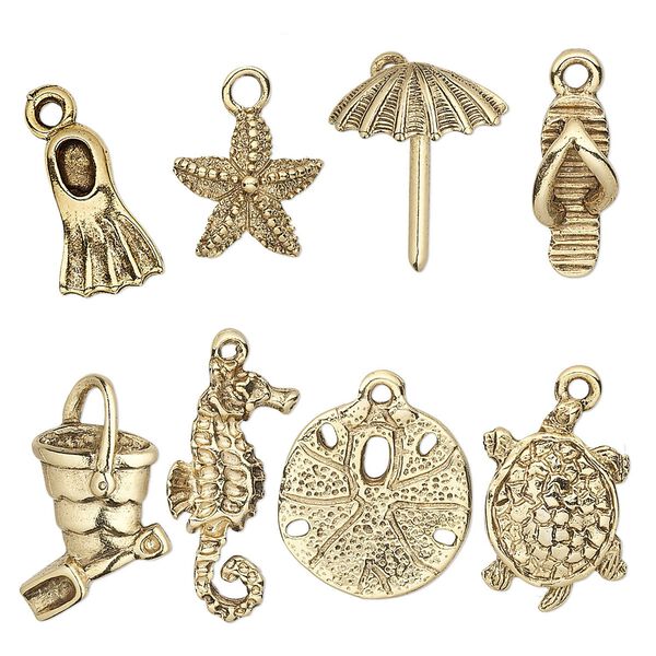Charm set, antique gold-plated pewter (tin-based alloy), 16.5x5.5mm-25x17mm sand and sea theme. Sold per 8-piece set. image number 0