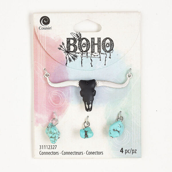 Drop assortment, silver-finished "pewter" (zinc-based alloy) / steel / enamel / magnesite (dyed / stabilized),  turquoise blue and matte black, 57x21mm steer skull and nuggets. Sold per pkg of 4. image number 0