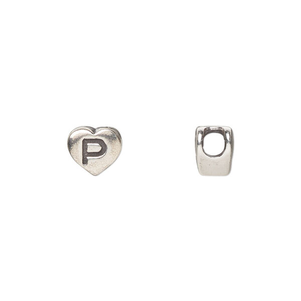 Bead, sterling silver, 7.5x7mm heart with alphabet letter "P." Sold individually. image number 0