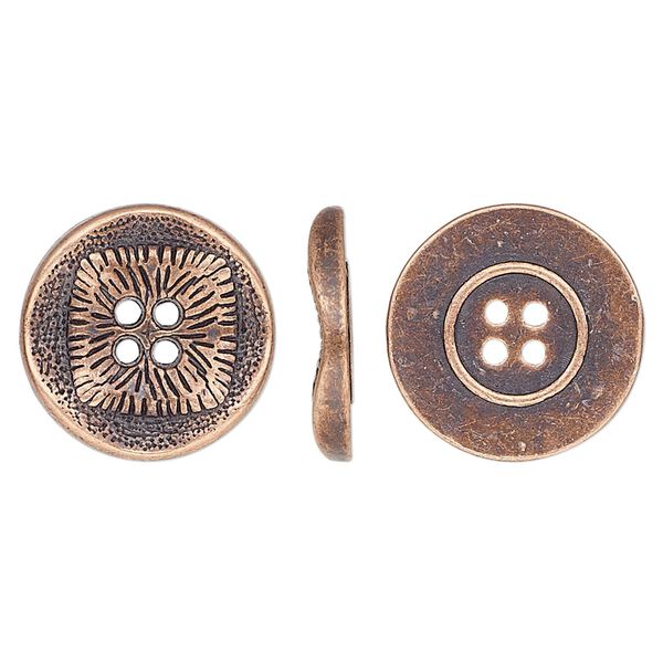 Button, antiqued copper-finished "pewter" (zinc-based alloy), 17mm single-sided wavy flat round with textured square design. Sold per pkg of 20. image number 0