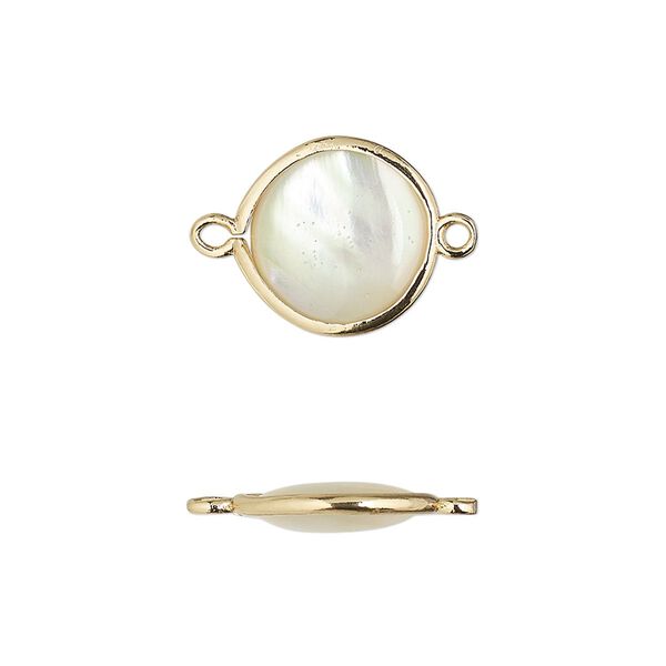 Link, mother-of-pearl shell and gold-finished brass (assembled), 12.5mm-13.5mm double-sided round. Sold per pkg of 4. image number 0