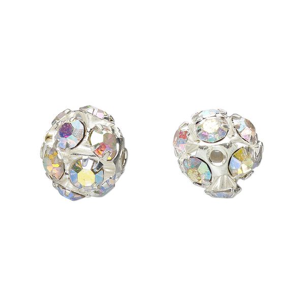 Bead, Egyptian crystal rhinestone and imitation rhodium-plated brass, clear AB, 10mm round. Sold per pkg of 6. image number 0