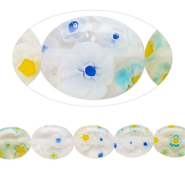 Bead, millefiori glass, translucent multicolored, 10x8mm puffed oval with 0.6-0.8mm hole. Sold per 15-inch strand. image number 0