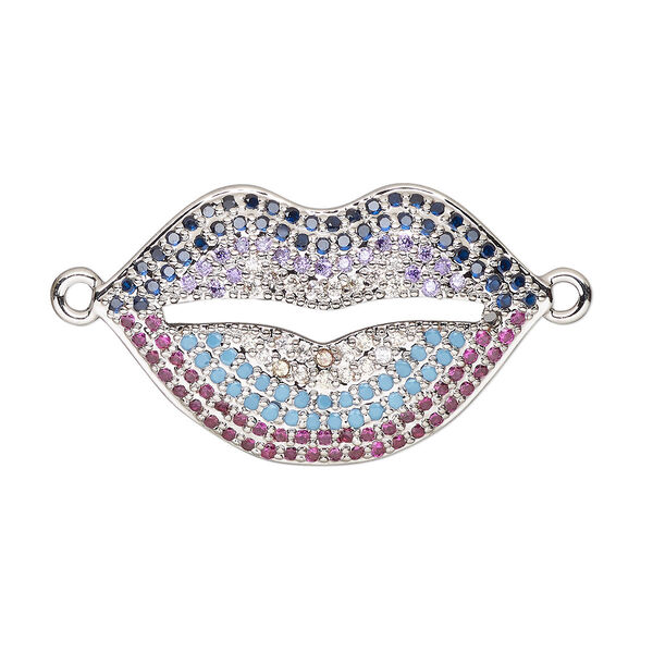 Link, cubic zirconia and silver-finished brass, multicolored, 26x16mm single-sided lips. Sold individually. image number 0