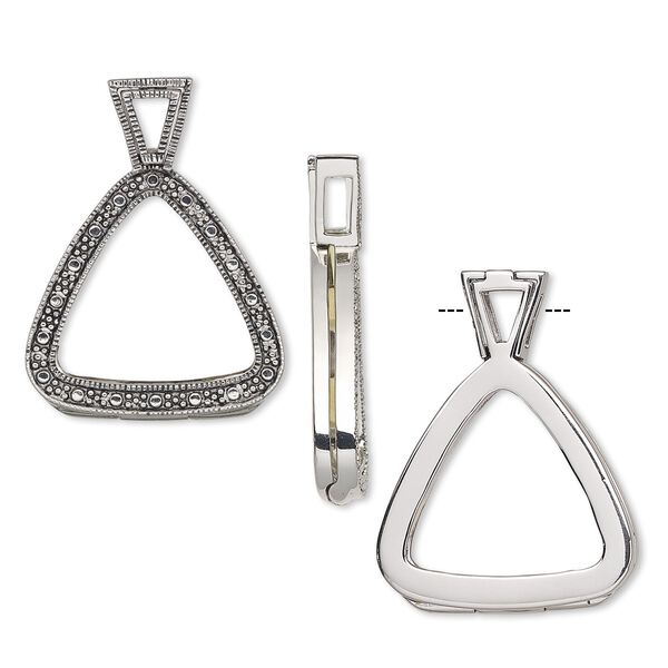 Pendant, Almost Instant Jewelry®, antique silver-plated brass and crystal, 37.5x29mm single-sided hinged triangle with 23mm triangle setting. Sold individually. image number 0