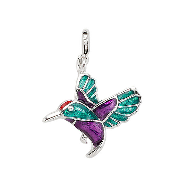 Charm, enamel and rhodium-plated pewter (tin-based alloy), purple and green, 23x21mm hummingbird with springring clasp. Sold individually. image number 0