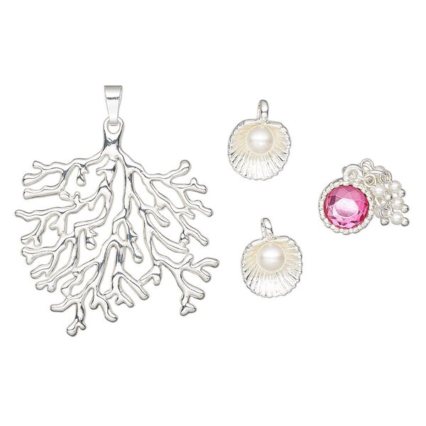 Pendant / charm / drop, Charmed, acrylic / glass / silver-finished "pewter" (zinc-based alloy), pink and white, 13mm single-sided round / 14mm two-sided clam shell / 51x47.5mm double-sided coral. Sold per 4-piece set. image number 0
