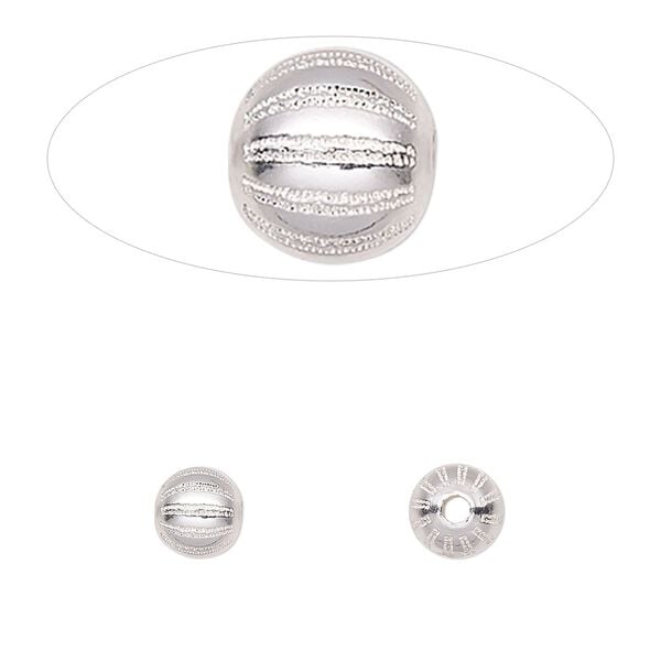Bead, sterling silver, 6mm fluted round with laser-cut melon design. Sold individually. image number 0
