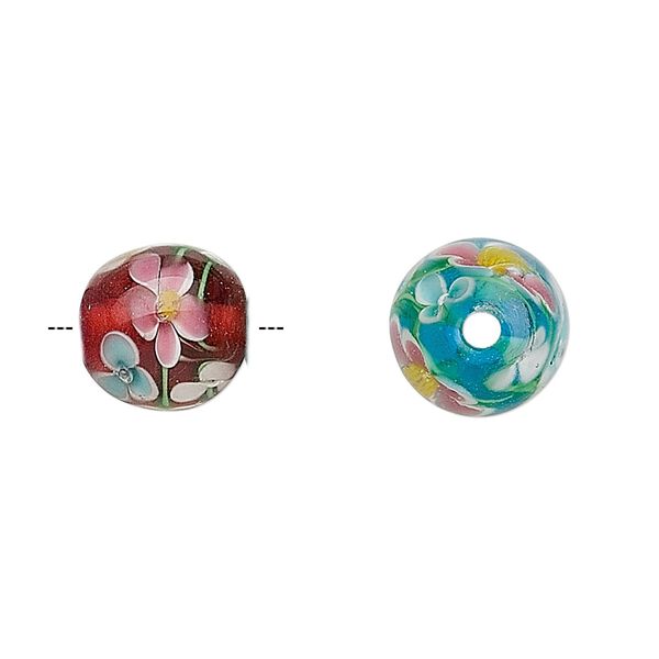 Bead mix, lampworked glass, mixed colors, 14x12mm barrel with flowers, 2.8-2.9mm hole. Sold per pkg of 2. image number 0