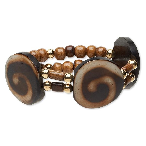 Bracelet, stretch, resin and gold-coated plastic, brown / dark brown / cream, 31mm flat round with swirl design, 7 inches. Sold individually. image number 0