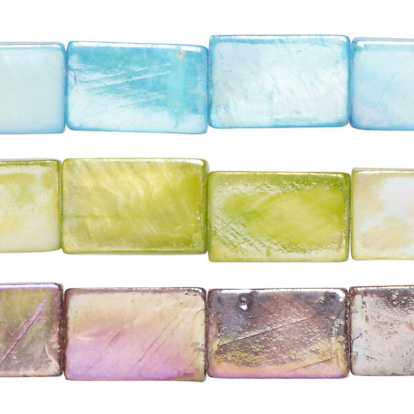 Bead mix, mother-of-pearl shell (bleached / dyed), multicolored AB, 14x7mm-16x10mm flat rectangle with 0.4-0.6mm hole, Mohs hardness 3-1/2. Sold per pkg of (3) 15-inch strands. image number 0