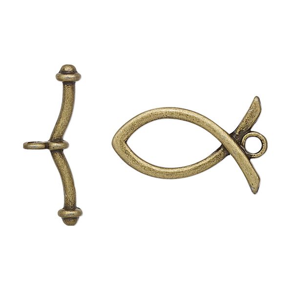 Clasp, toggle, antique brass-plated "pewter" (zinc-based alloy), 23x15mm Christian fish. Sold per pkg of 4. image number 0