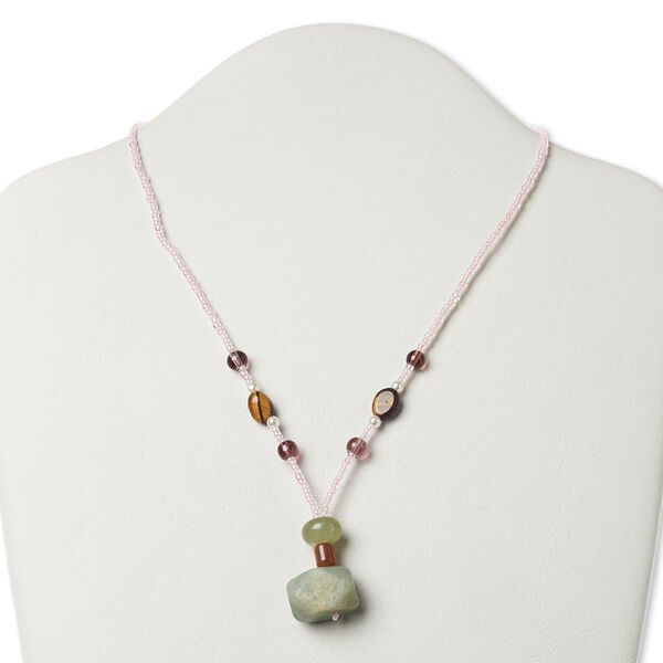 Multi-gemstone / glass / "pewter" (zinc-based alloy) 1pkg1, AB silver-finished / antique gold-finished necklace natural 17 inch / 1 inch dangle / lobster claw clasp image number 0