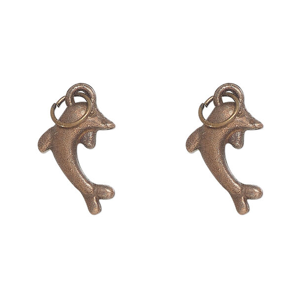 Charm, steel, pkg/2, antique copper finish, 18x10mm-19x13mm single-sided dolphin. image number 0