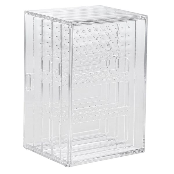 Display, earring, acrylic, clear, 9-1/2 x 6-3/4 x 5-1/2 inch box with side door and 4 slide-out panels. Sold individually. image number 0