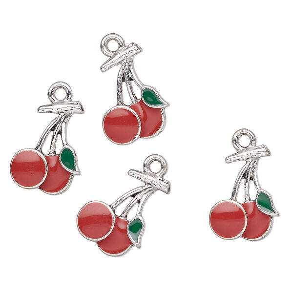 Charm, antique silver-finished enamel "pewter" (zinc-based alloy), red and green, 17x13mm cherries. Sold per pkg of 4. image number 0