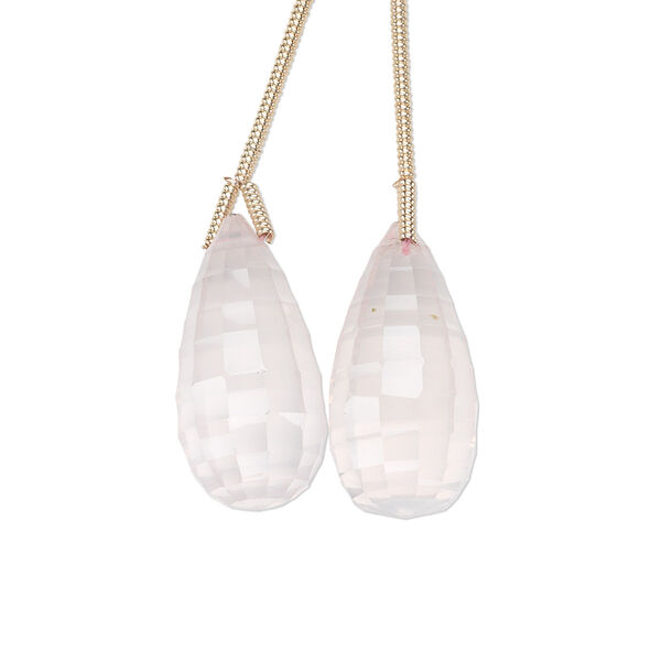Rose quartz 1pkg2, hand-cut top-drilled checkerboard faceted briolette bead natural 20x10mm image number 0