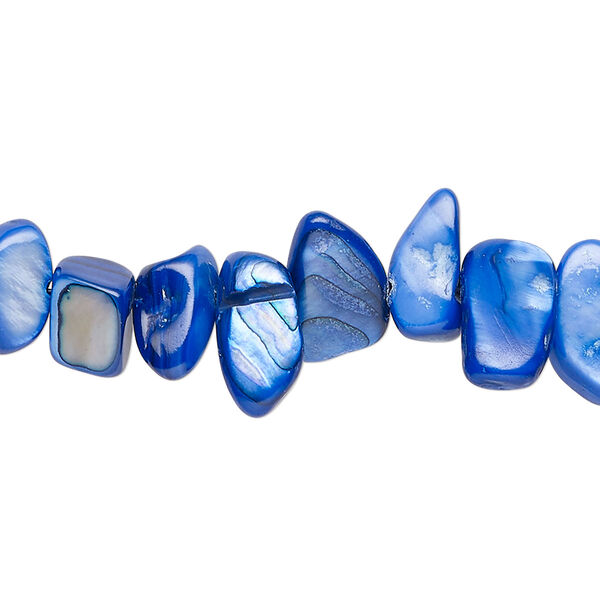 Bead, mother-of-pearl shell (dyed), blue, small to extra-large chip, Mohs hardness 3-1/2. Sold per 30-inch strand. image number 0