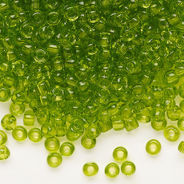 Seed bead, Dyna-Mites™, glass, transparent light green, #6 round. Sold per 40-gram pkg. image number 0