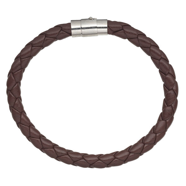 Bracelet, leatherette and imitation rhodium-plated brass, brown, 6mm wide braided, 7 inches with magnetic locking tube clasp. Sold individually. image number 0