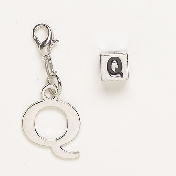 Charm and bead, "pewter" (zinc-based alloy)/steel/enamel, pkg/2, antique silver finish and black, 16x15mm "Q" with lobster claw clasp and 7mm cube with "Q". image number 0