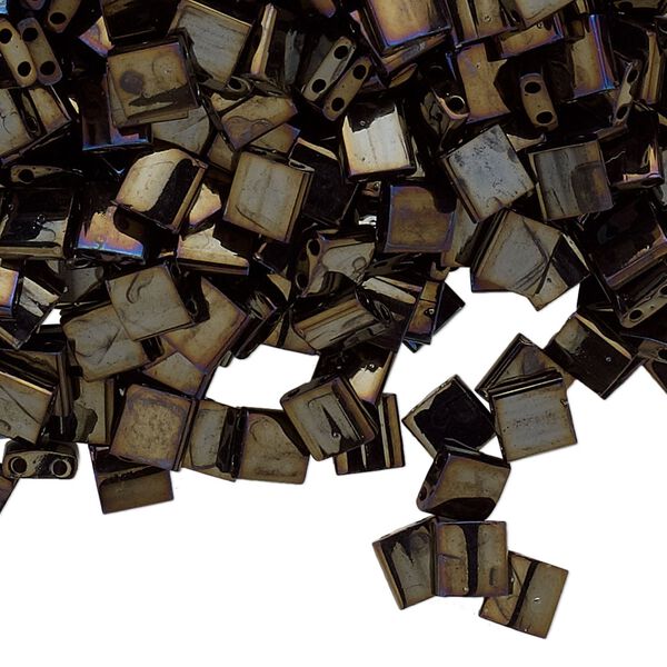 Seed bead, TILA®, glass, pkg/10g, 5mm full tila square, opaque metallic rainbow dark olive, (TL-458). image number 0